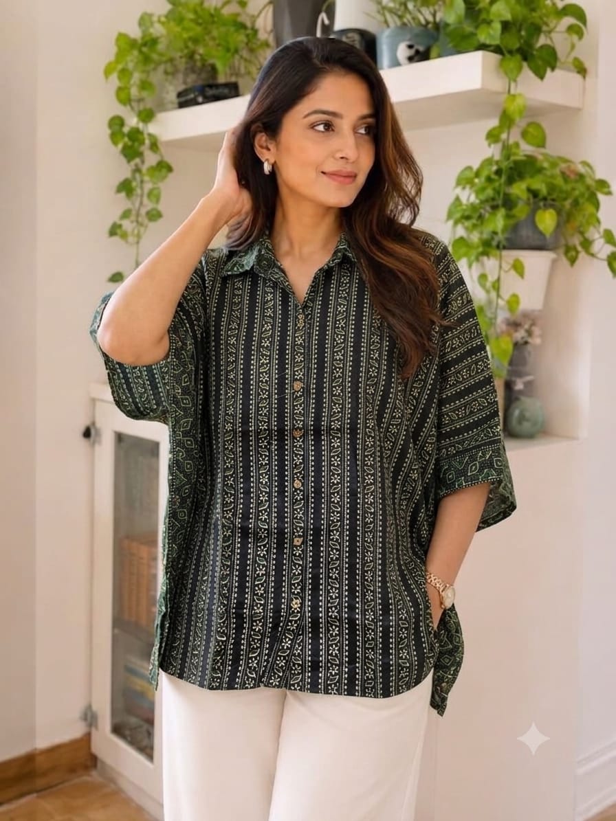 Women's Cotton Ajrakh Printed Shirt Kaftan | Collar Neck | Oversized Fit