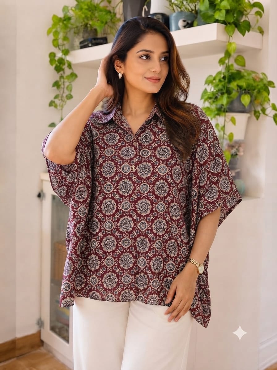 Women's Cotton Ajrakh Printed Shirt Kaftan | Collar Neck | Oversized Fit