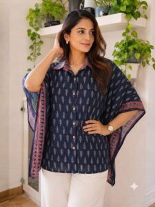 Women’s Cotton Ajrakh Printed Shirt Kaftan | Collar Neck | Oversized Fit