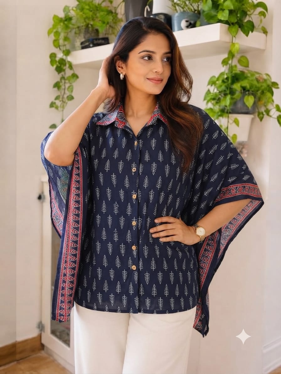 Women's Cotton Ajrakh Printed Shirt Kaftan | Collar Neck | Oversized Fit
