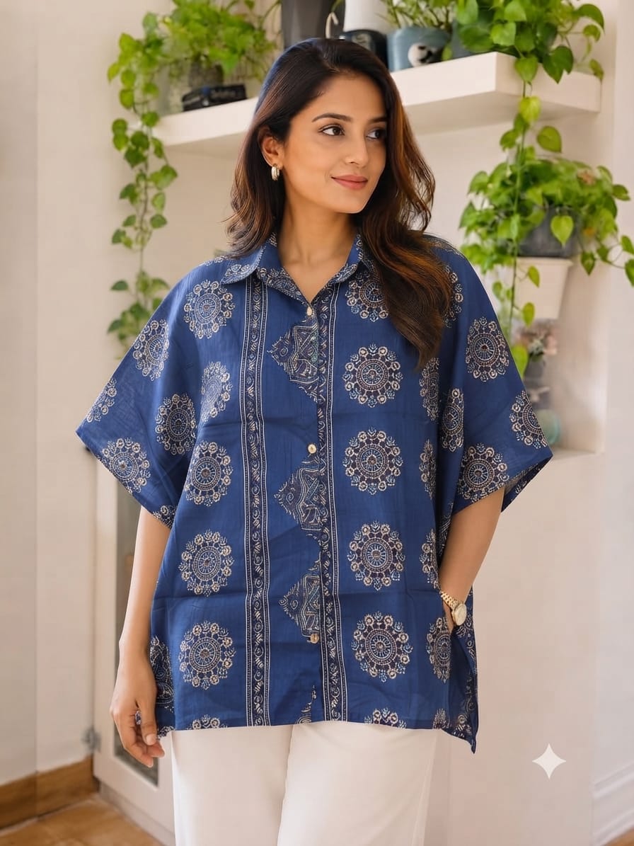 Women's Cotton Ajrakh Printed Shirt Kaftan | Collar Neck | Oversized Fit