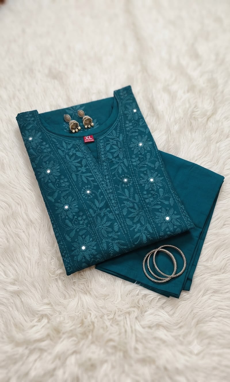Women's Premium Cotton Embroidered Green Co-Ord Set