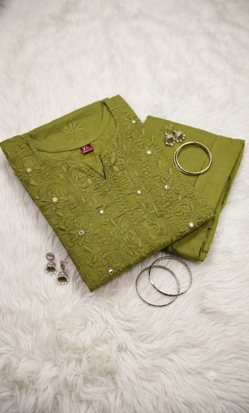 Women's Premium Cotton Embroidered Green Co-Ord Set