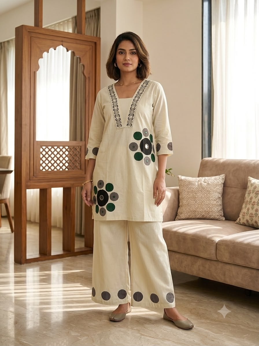 Women’s Rayon Printed Co-Ord Set with Palazzo | Mirror Work & Neck Katha Work