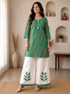 Women’s Ikkat Cotton Mirror Work Kurta Palazzo Co-Ord Set