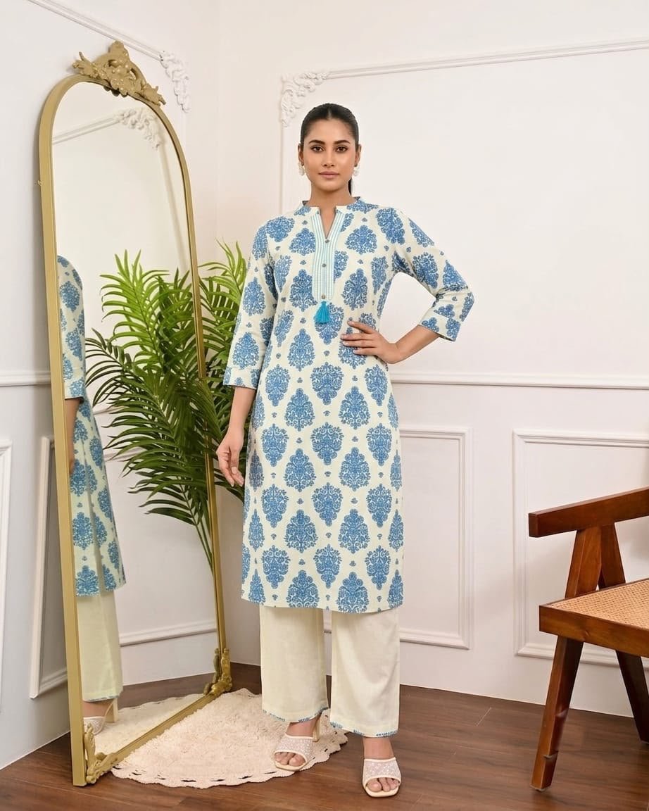 Women's Khadi Cotton Mandarin Collar Co-Ord Set with Pocket - Image 3