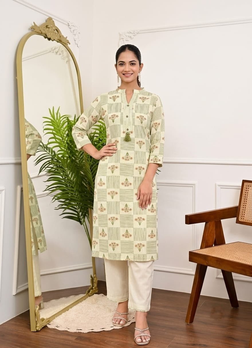 Women's Khadi Cotton Mandarin Collar Co-Ord Set with Pocket - Image 5