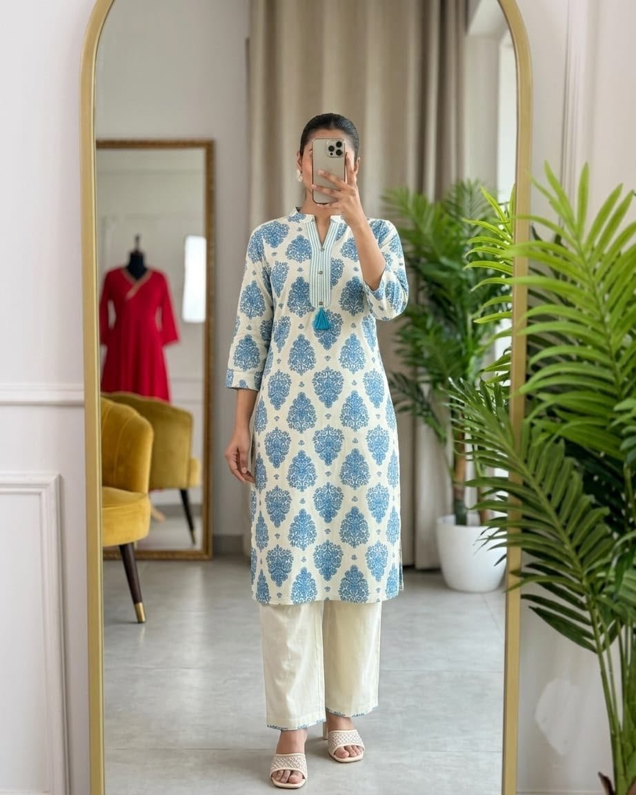 Women's Khadi Cotton Mandarin Collar Co-Ord Set with Pocket - Image 2